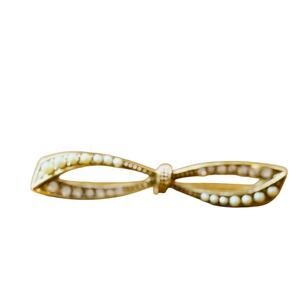 Vintage Style Gold Tone Bow Brooch w/ Faux Seed Pearls & Rhinestones